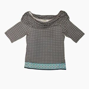 Max Studio Womens Black & White Patterned Off-Shoulder Top With Blue Floral Trim